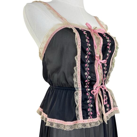Vintage 70s Gossard Artemis Black & Pink Lacy Embroidered Maxi Nightgown size S - Picture 6 of 11